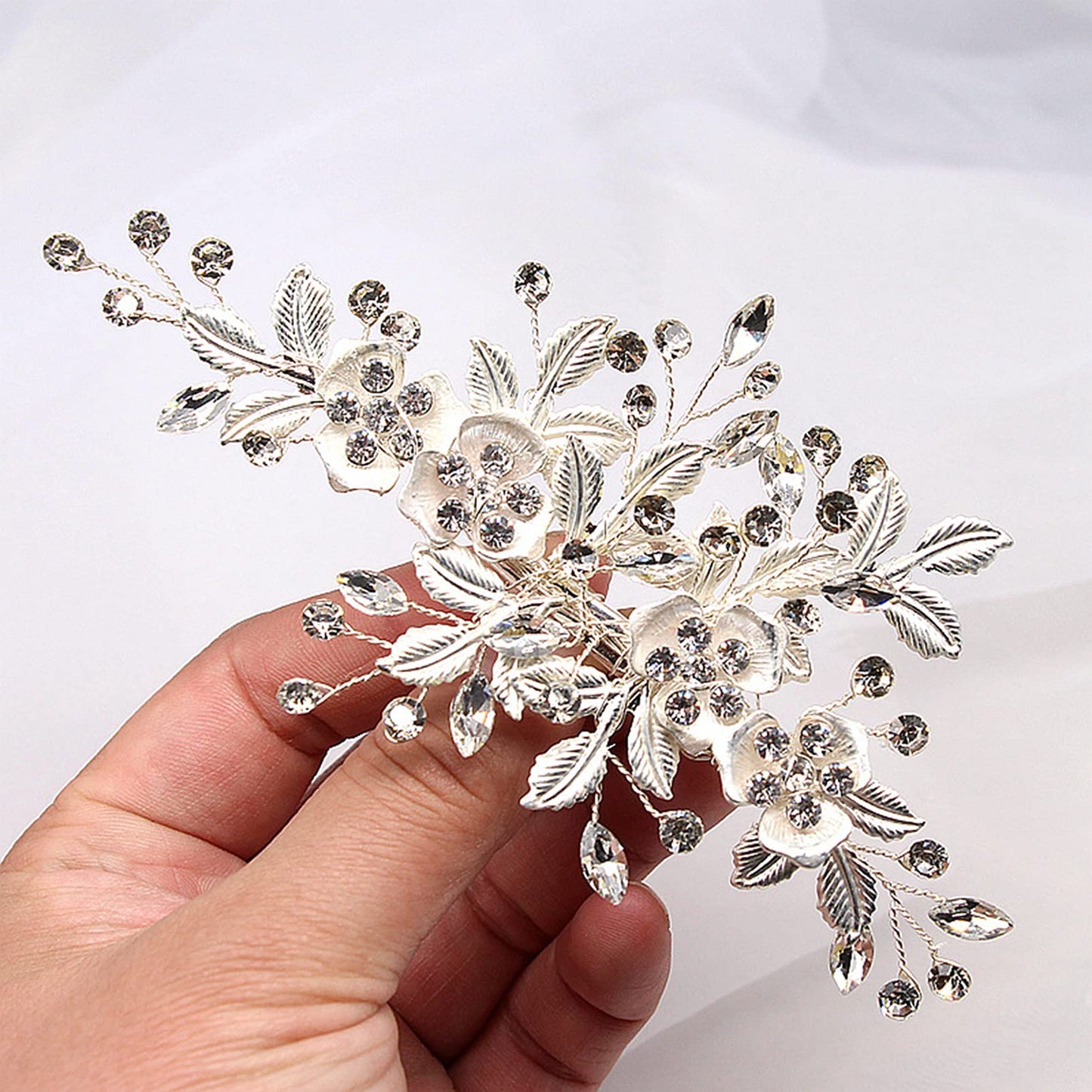 Wedding Hair Clip Rhinestone Bridal Hair Accessories Flower Hair Clip for Bride Bridesmaid Silver Handmade Flower Hair Pins Head Pieces for Women and Girls Hair Piece (Sliver) Sliver