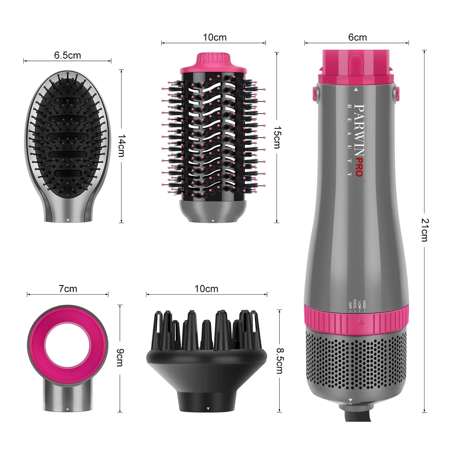 4 in 1 Hair Dryer Brush Set, PARWIN PRO BEAUTY Hot Air Styler with 4 Attachments as Hairdryer, Hot Air Brush, Hair Diffuser, Hot Brush for Hair Styling, Ionic Care Frizz-Free, 1000 Watts, Gray Gray - Standard