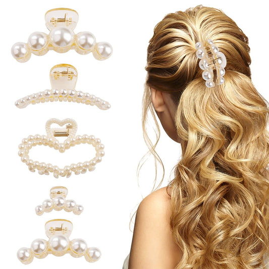 5Pcs Pearl Hair Clip,Plastic Women Hair Claw Clips Non-Slip Strong Pearl Hair Clips for Women Thick Fine Hair