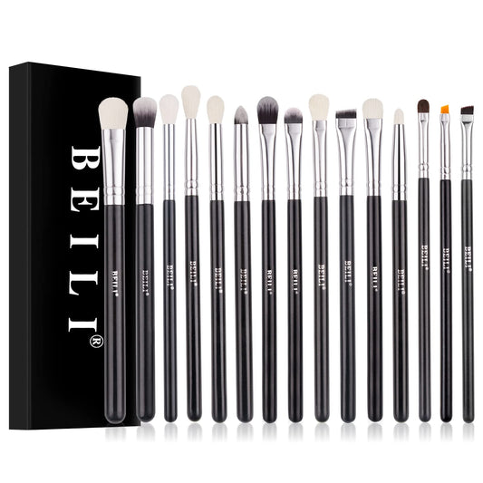 BEILI Professional Eye Makeup Brush Set,15 Pieces Synthetic and Natural Hair Eyeshadow Eyeliner Eyebrow Blending Concealer Make up Brushes (Black/Silver) White