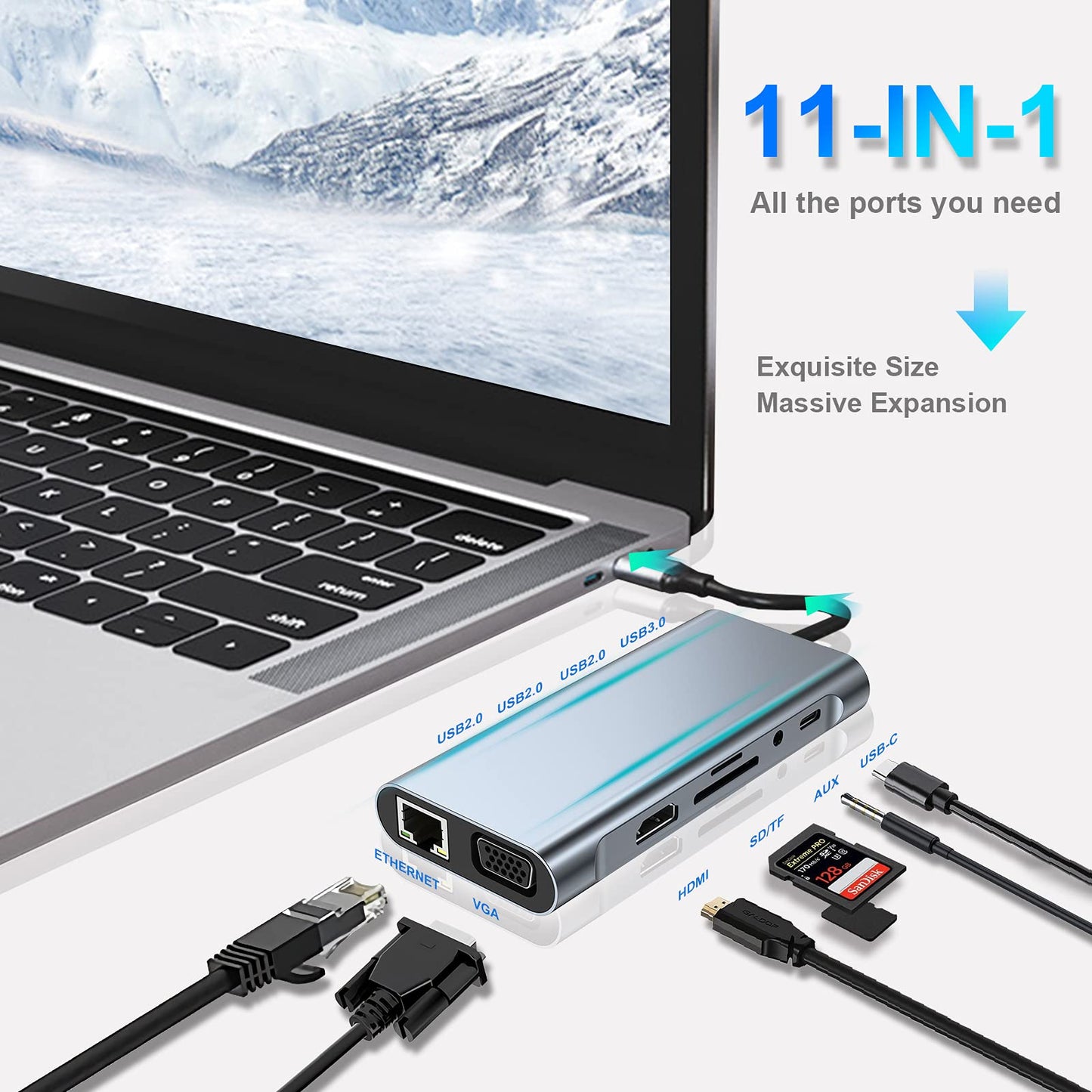 USB C HUB, Docking Station, 11-in-1 USB C Adapter with 4K-HDMI, VGA, USB 3.0 port, Type C PD, RJ45 Ethernet, SD/TF Card Reader, 3.5mm AUX, Compatible with MacBook Pro/Air, More Type C Devices 11 in 1