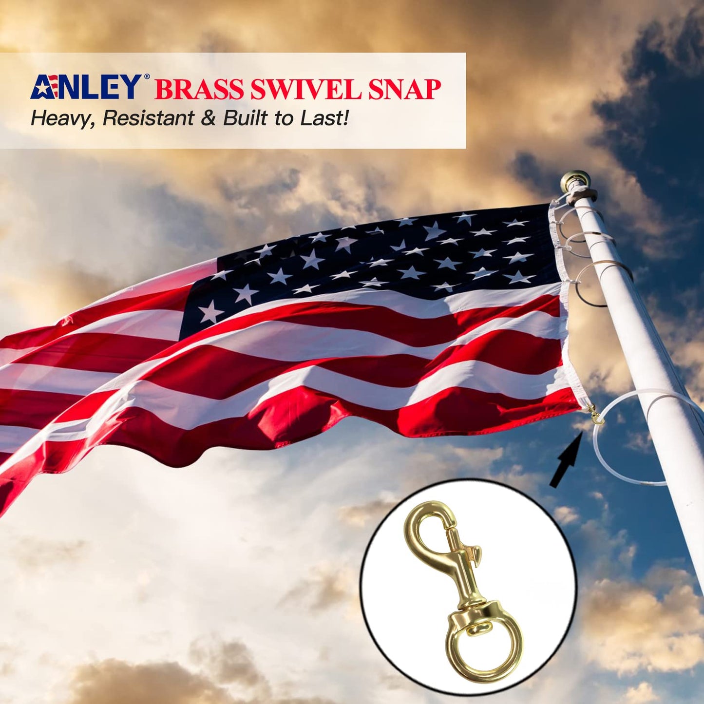 Anley Flag Accessory - 1 Pair Brass Swivel Snap Hook - Heavy Duty Flag Pole Halyard Rope Attachment Clip - For Tough Weather Conditions - 3.3 Inch - Two Hook Per Pack Gold 2 Pack