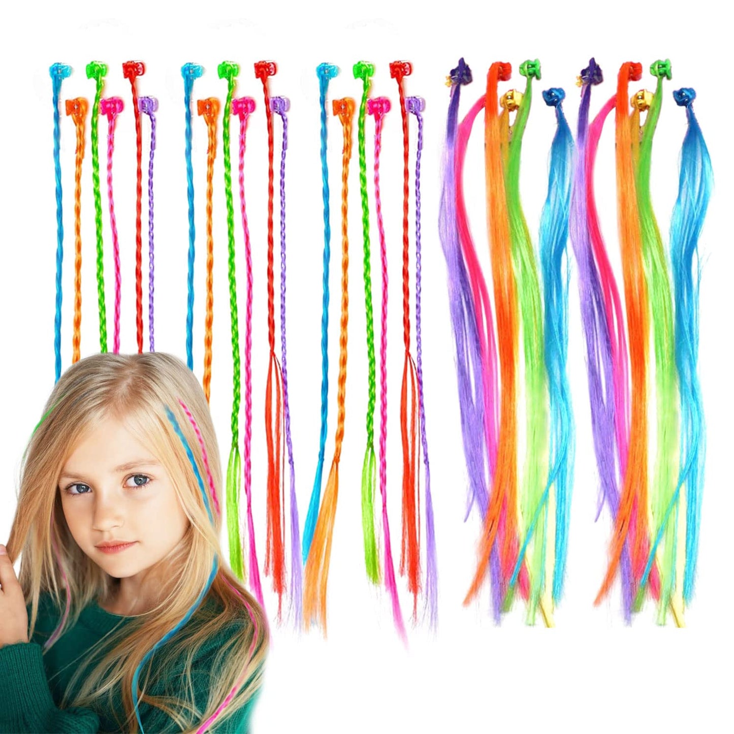 VIKSAUN 30 Pcs Kids Hair Extensions with Hair Clips, Girls' Fashion Bobby Pin Rainbow Wig, Braids Extensions Hair,Braided Hair Styling Accessories, for Party Favors and Children Performance (30 Pcs)