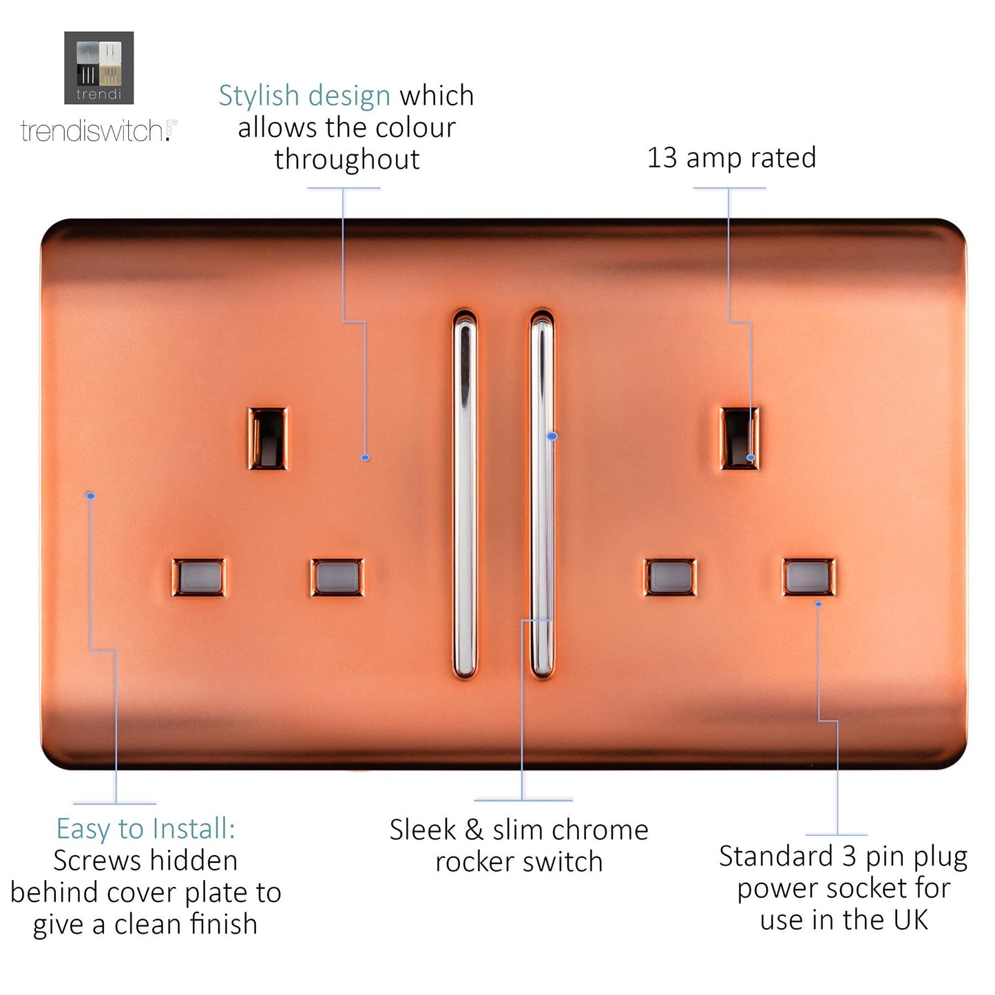 Trendi 2 Gang Artistic Modern Glossy 13 Amp Switched Tactile Plug Socket Copper