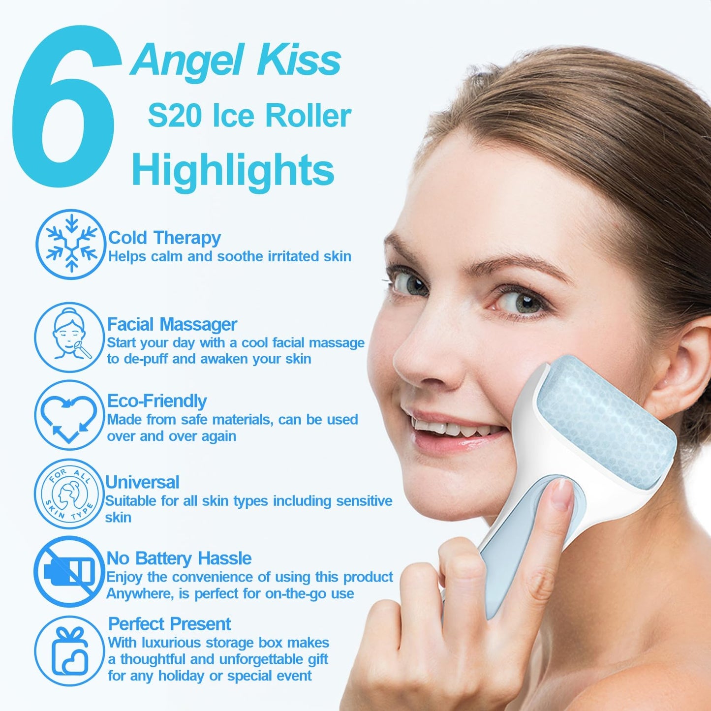 Angel Kiss Ice Roller for Face Eye, Women Gift Idea, Cold Therapy Massager for Reduce Puffiness, Redness, Dark Circles, Tightening Firming, Reduce Wrinkles, Migraine Pain Relief, w/Premium Carry Case Blue Roller