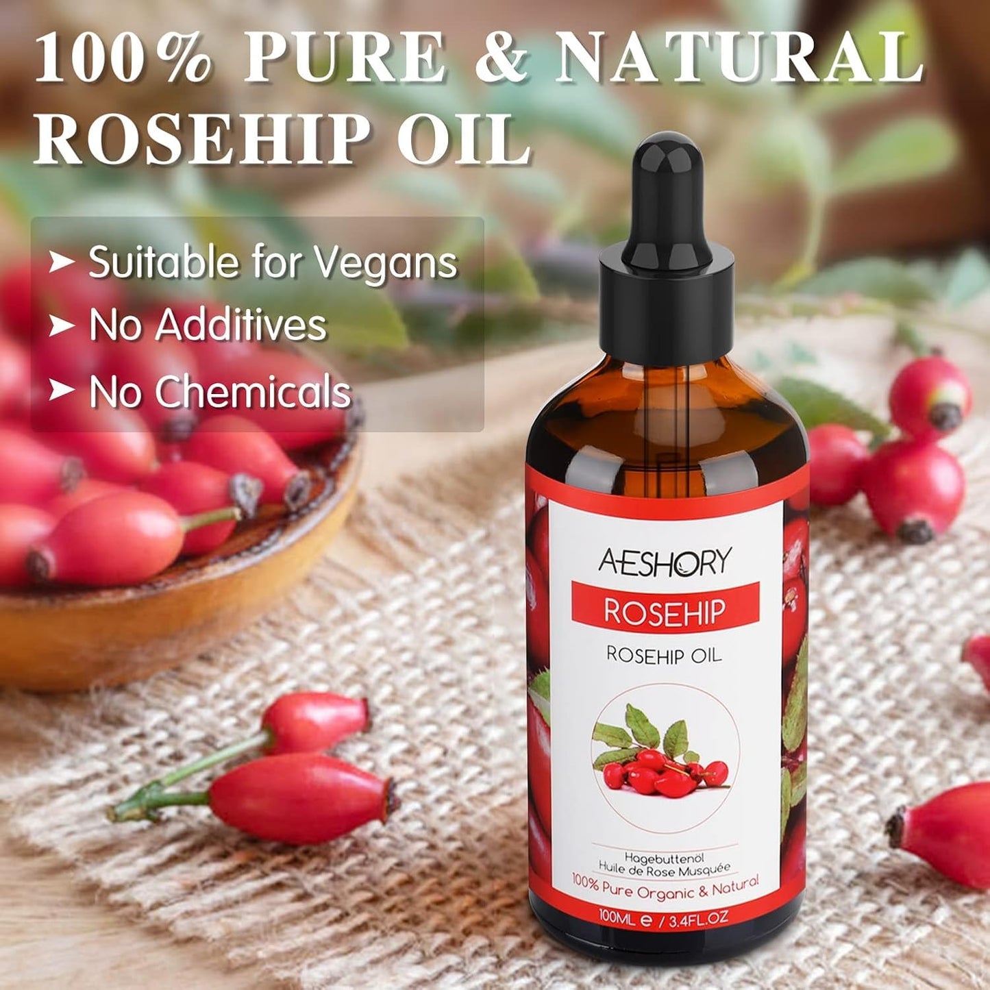 Aeshory Cold Pressed Rosehip Oil for Face 100ml, 100% Pure Natural Rosehip Seed Oil, Hydrating Nourishing & Moisturising for Skin, Hair, Nails, and Body