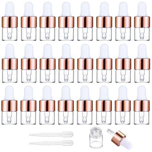 Yalbdopo 24Pcs, 1Ml Clear Glass Sample Dropper Bottles, Empty Mini Bottles with Dropper Pipettes Rose Gold Aluminum Alloy Cap Refillable Sample Container for Essential Oil Perfume Cosmetic Liquid Transparent Glass Rose Golden Cap