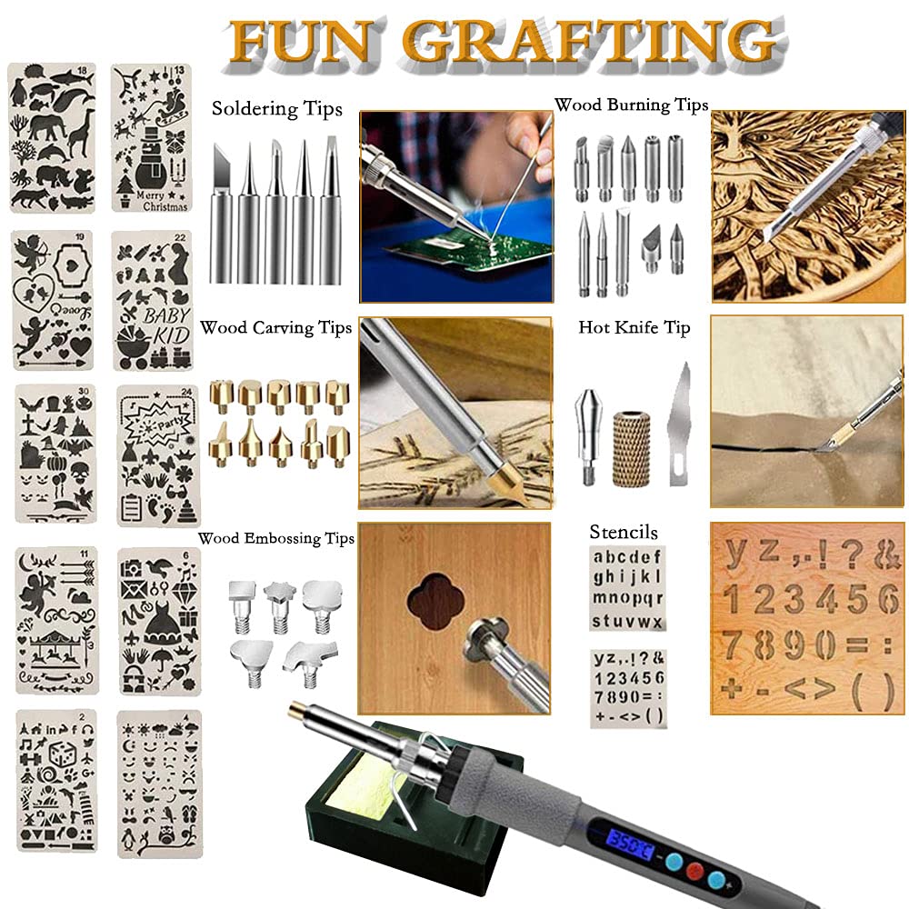 Wood Burning Kit 77Pcs, 60W LCD Adjustable Temperature Soldering Pyrography Wood Burning Set Tool Pen and Accessories,Graphics, Soldering Irons,woodburning Embossing Carving…