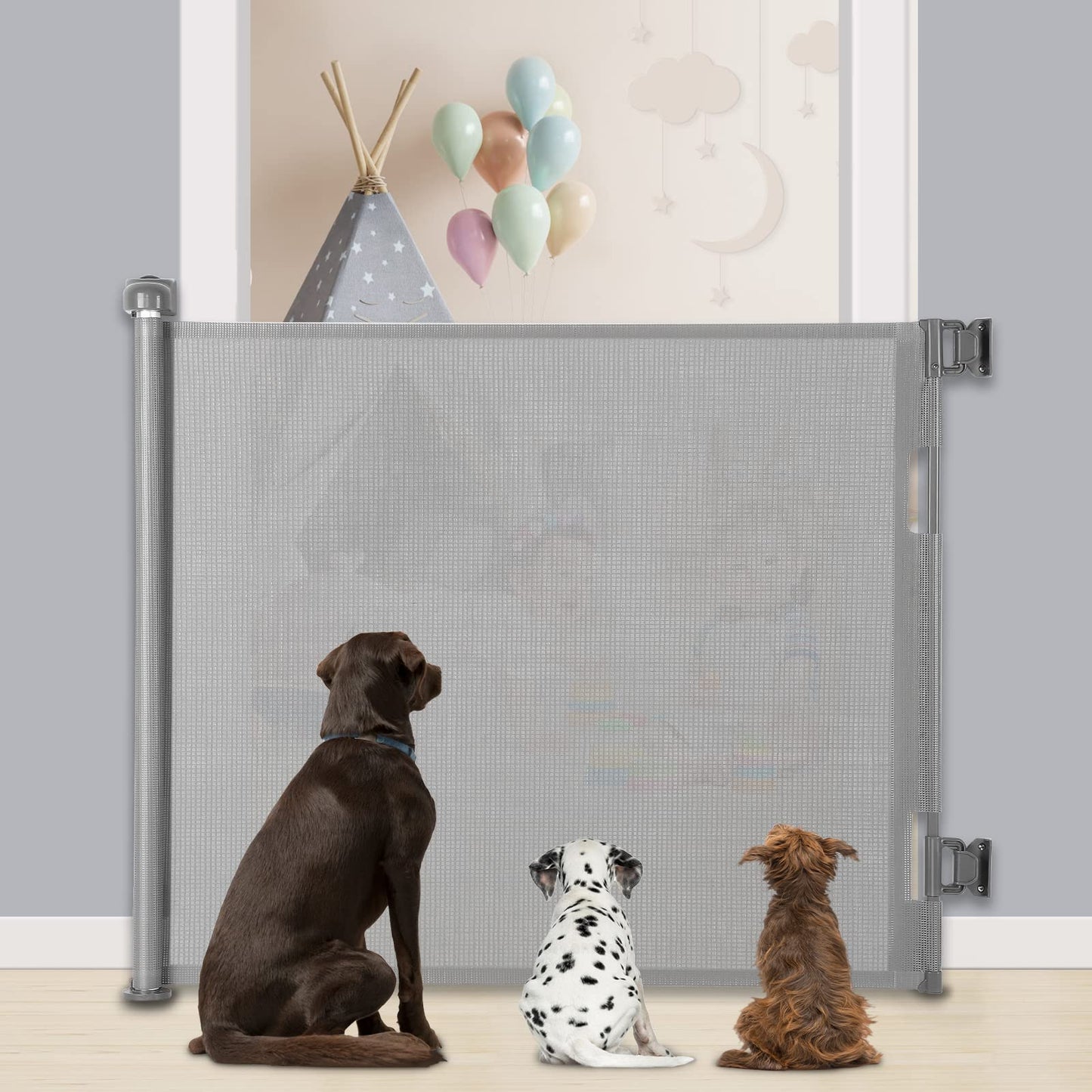 Baby Gate, MYPIN Extra Wide Retractable Dog Gates Indoor Stair Gates for Baby Pet Gates for Dogs Baby Gates for Dogs Stair Gate for Stairways, Hallways, Doorways, Indoor, Outdoor (Grey, 140 X 86 CM) Grey / 140CM