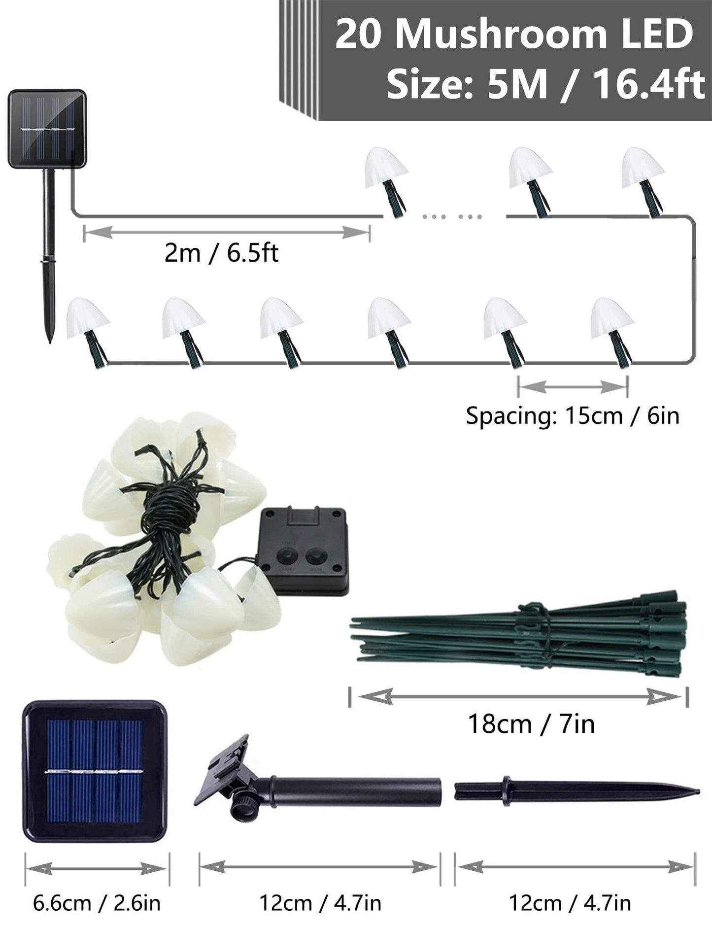 20 LED Solar Garden Lights, 8 Modes, 5M/16.4 Ft Mushroom Pathway Outdoor Landscape Stake Lights, Waterproof Ground Lamps for Yard, lawns, Wedding Party Decoration, Warm White