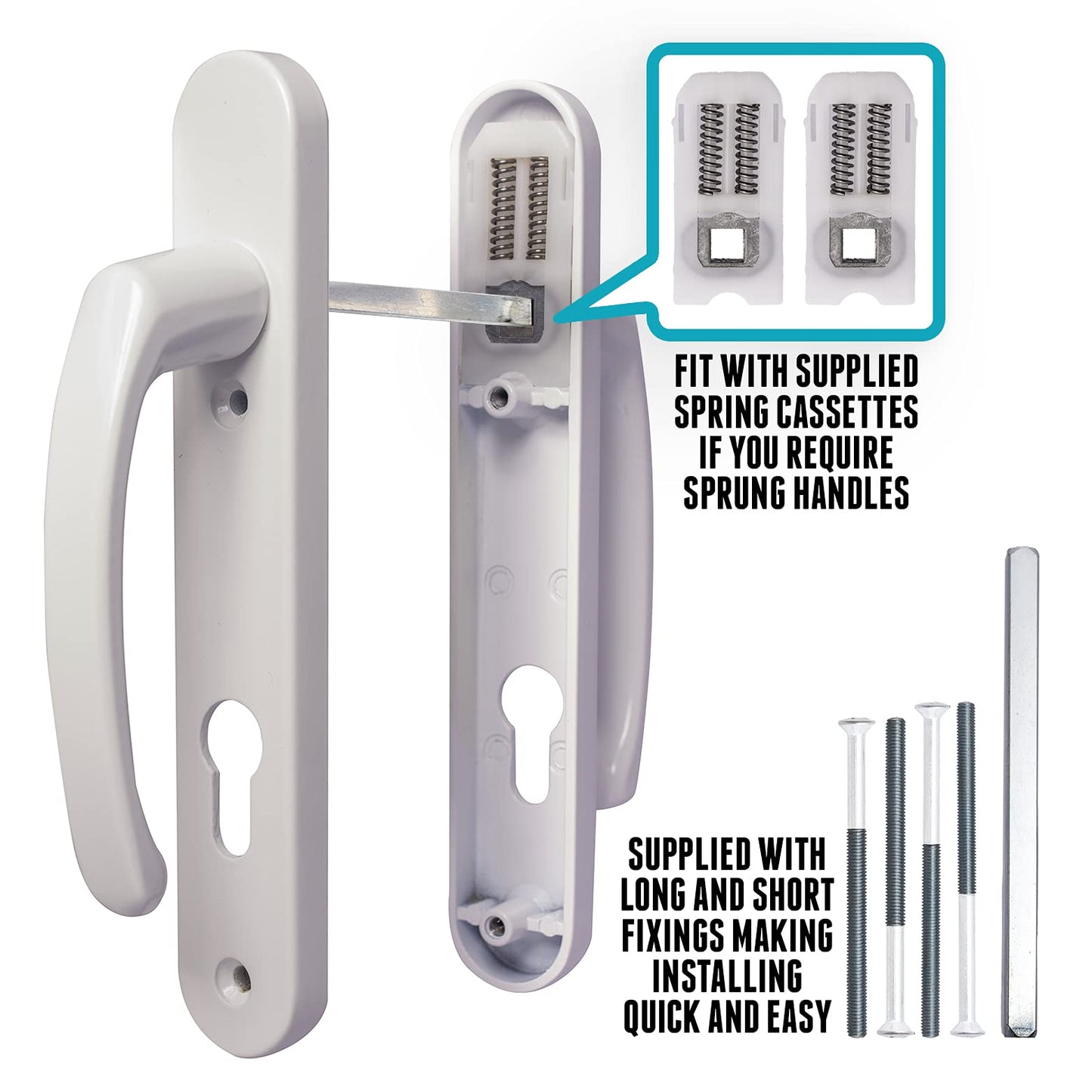 UPVC Door Handles Set - White - Lever/Lever - 92mm PZ (Centres) - 122mm Screw to Screw - Backplate 212mm X 34mm- White Replacement- PVC Door Handle