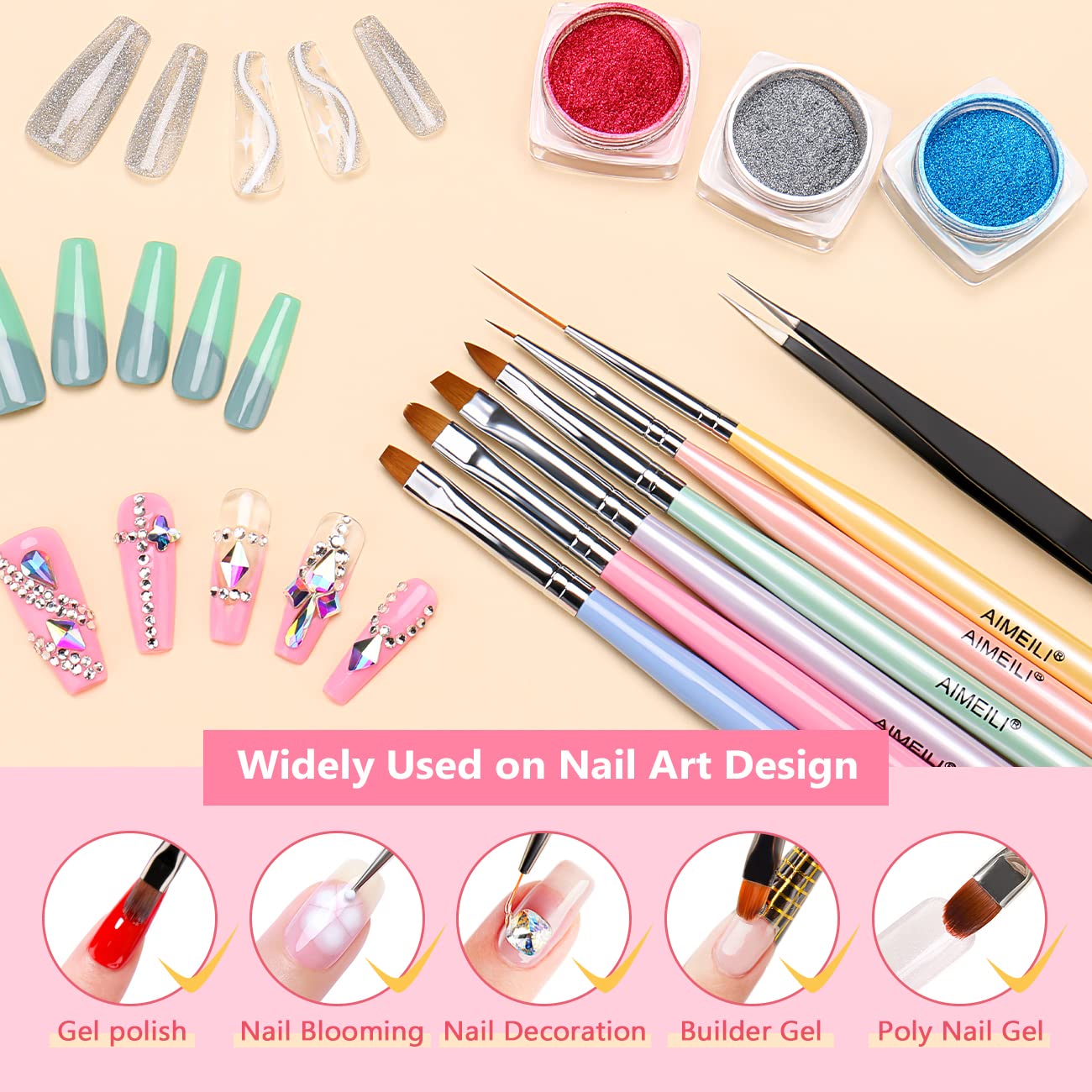 AIMEILI 6pcs Nail Art Brushes, Gel Nail Polish Nail Art Design Painting Tools Set with Double Ended Nail Art Brushes, Nail Extension Gel Brush, Nail Drill Drawing Brush Pen