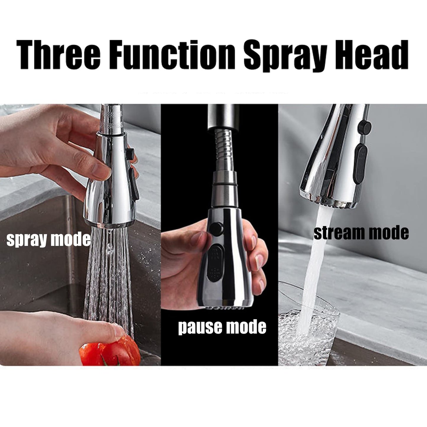 3 Functions Kitchen Tap Spray Head Pull Out Spray Shower Head for Kitchen Bathroom Mixer Tap Faucet Replacement Part, G 1/2 Connector, Chrome Finish A Chrome