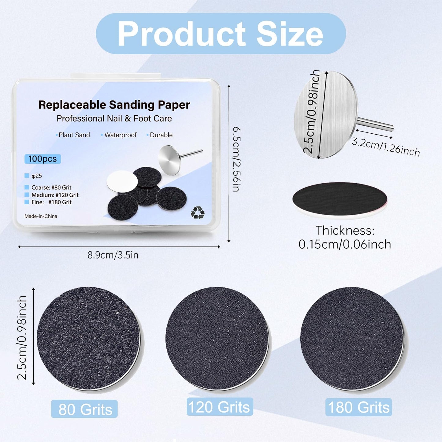 100pcs Feet Grinder Sandpaper Sanding Disc Pedicure Tool Replaceable Sanding Discs Sandpaper for Hard Dead Skin Cracked Heel Cracked Heels Dead Skin (HJ-NF037-180#) Hj-nf037-180#