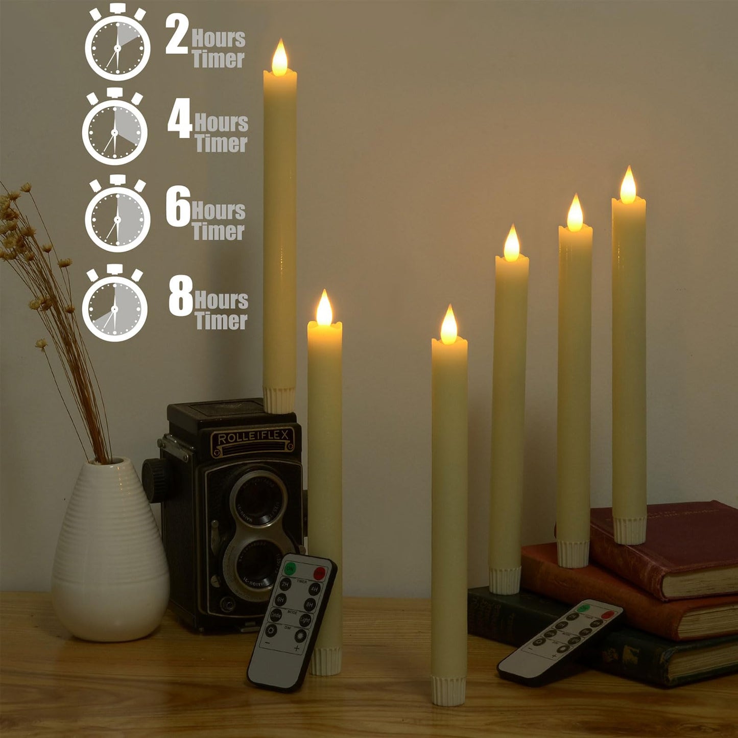 Ymenow LED Battery Operated Candles with Remote, 6pcs 24.5cm Long Fake Flameless Flickering Ivory Taper Candles in Real Wax with 2/4/6/8 Hours Timer for Dinner Halloween Christmas Room Window Decor