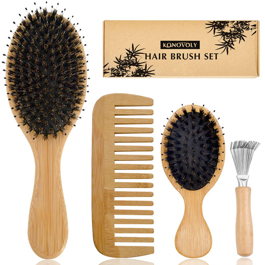 4 Pieces Bamboo Hair Brush, Boar Bristle Hair Brush, Professional Bamboo Paddle Brush for Hair Detangling and Detangling, Suitable for Women, Men and Children, Gift Set for Hair/Curly/Dry