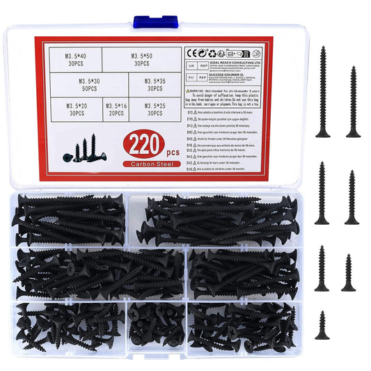 XKQYX 220 Pcs Self Tapping Wood Screws, M3.5 Black Flat Cross Head Self Drilling Screws, Drywall Machine Screws Assortment Kit for Drywall, Furniture, Wood Screws - 16mm/20mm/25mm/30mm/35mm/40mm/50mm Black-M3.5*220