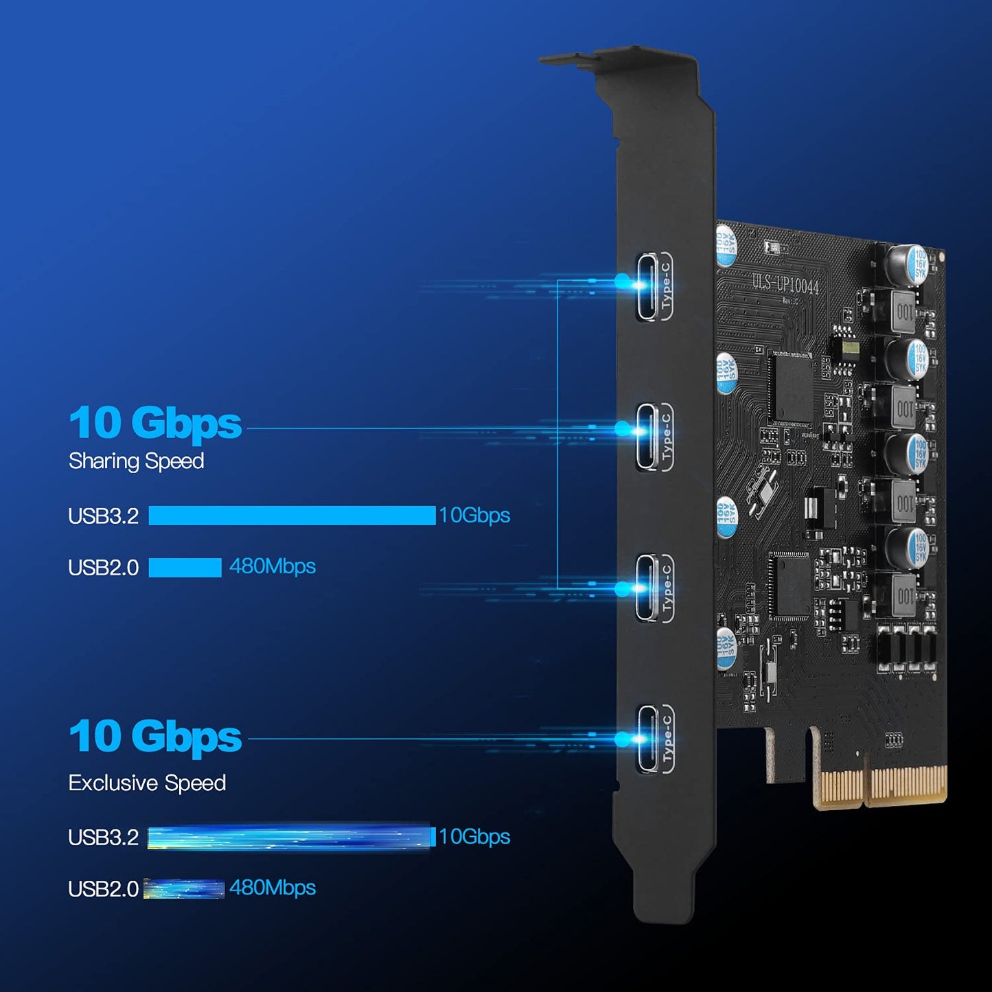 ULANSeN PCIe Gen3 x2 USB 3.2 / 3.1 Card ASM3124- PCI Express to 4-Port Type C HUB Internal Expansion Card Controller Adapter PCI Express Card Desktop PC Support Multiple INs