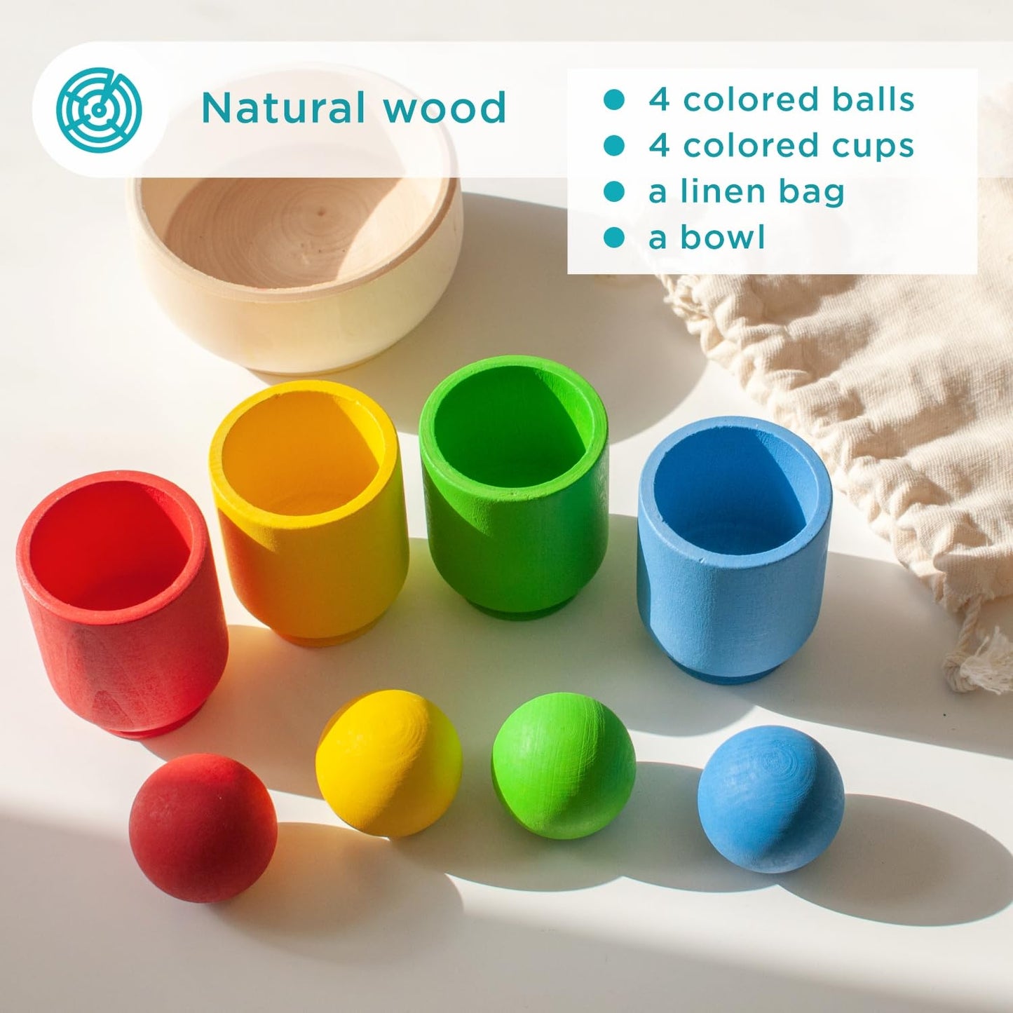 Ulanik Starter Kit Balls in Cups Toddler Montessori Toys for 1 Year Old + Baby Preschool Wooden Games for Learning Colour Sorting and Counting — 4 balls Small