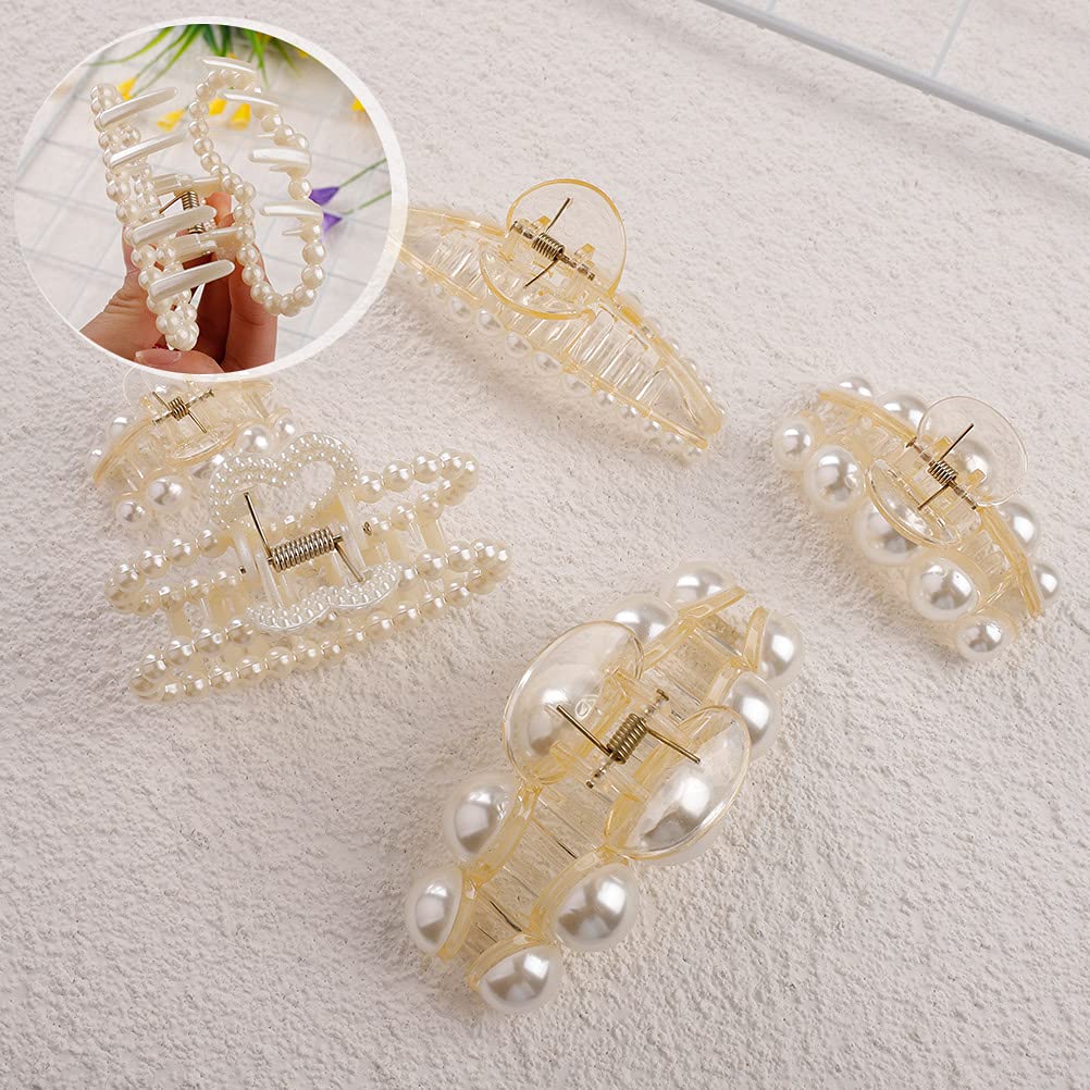 5Pcs Pearl Hair Clip,Plastic Women Hair Claw Clips Non-Slip Strong Pearl Hair Clips for Women Thick Fine Hair