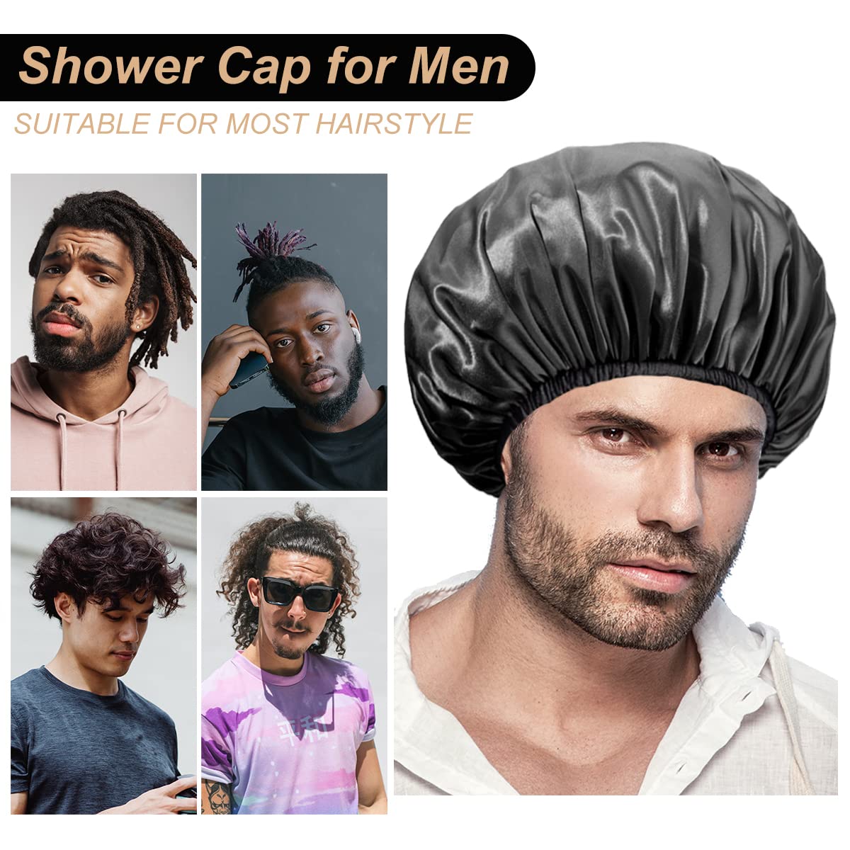 Aquior Shower Cap, Extra Large Shower Cap for Men, Satin EVA Double Layer Waterproof Reusable Hair Cap for Women Long Hair(All Black 4 Pack) All Black