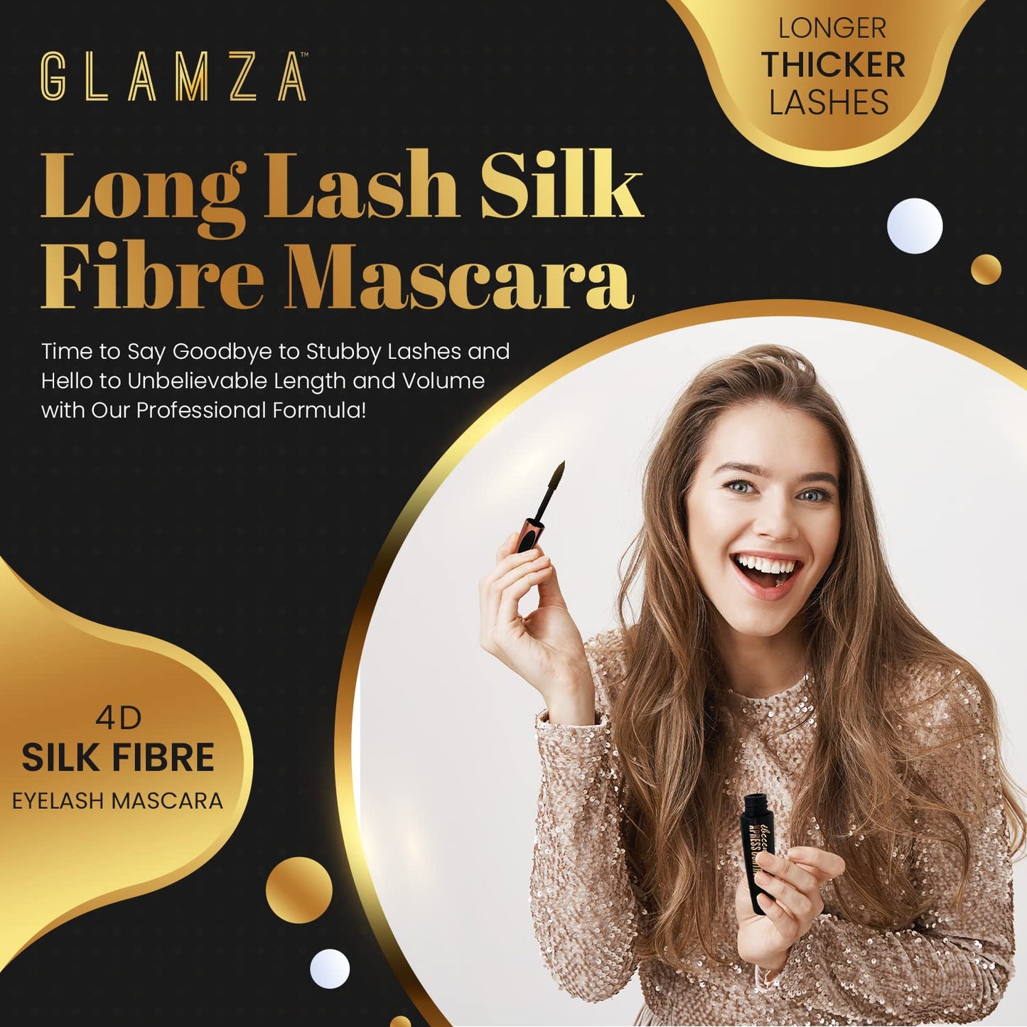 4D Mascara x3 GLAMZA Long Lash Silk Fibre Mascara for Longer, Thicker Lashes - Waterproof & Smudge Proof (Black)