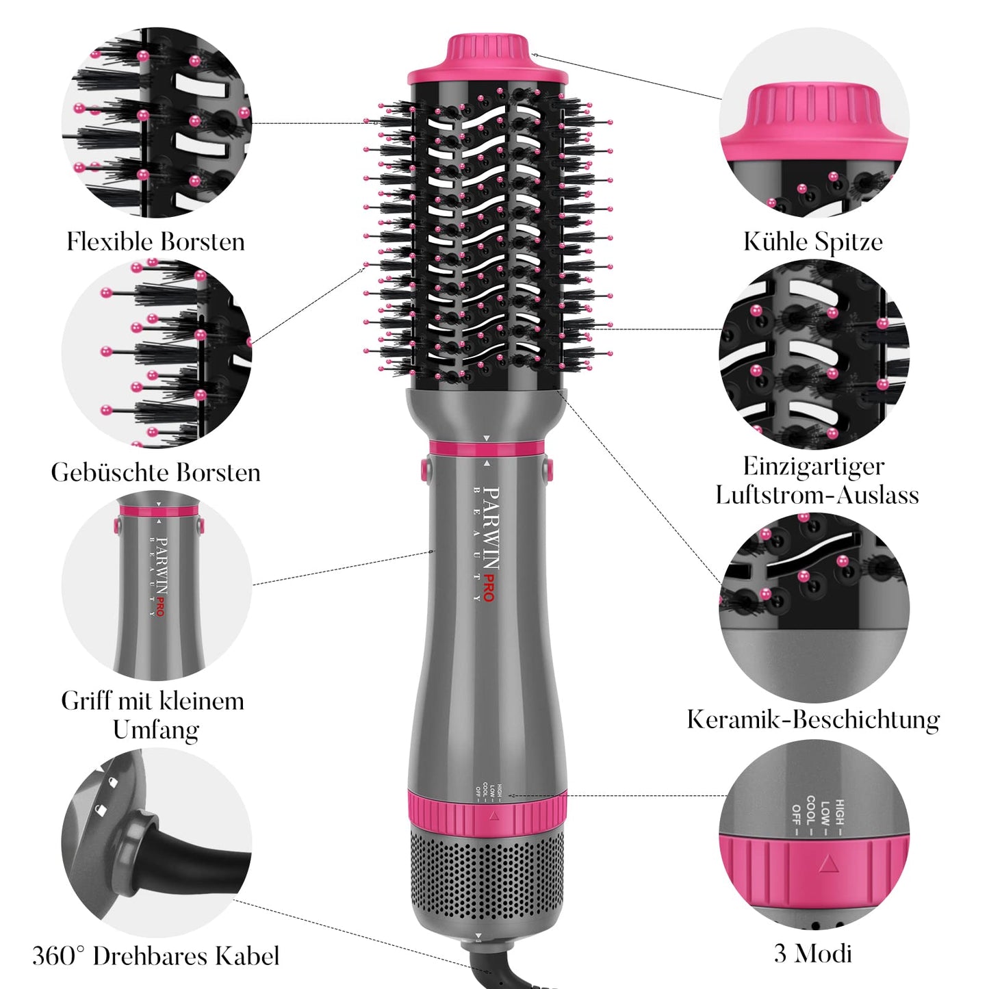 4 in 1 Hair Dryer Brush Set, PARWIN PRO BEAUTY Hot Air Styler with 4 Attachments as Hairdryer, Hot Air Brush, Hair Diffuser, Hot Brush for Hair Styling, Ionic Care Frizz-Free, 1000 Watts, Gray Gray - Standard