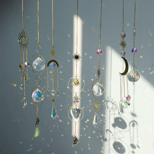 7 PCS Crystal Suncatchers, Gold Moon Star Sun Catchers Hanging with Chain Pendant Ornament Colorful Crystal Glass Balls for Window Bedroom Car Home Garden Office Party Wedding Decorations retro style