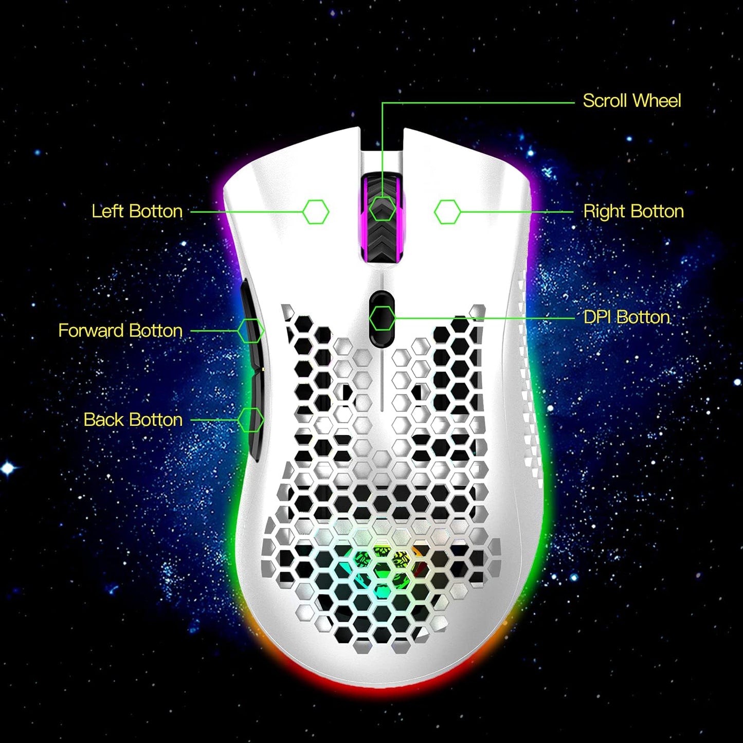 VEGCOO Gaming Mouse, Rechargeable Wireless Mouse with Honeycomb Wireless Gaming Mouse with RGB Light/Silent Click/Adjustable DPI, Optical Computer Mouse for Laptop PC Computer C23WT-UK