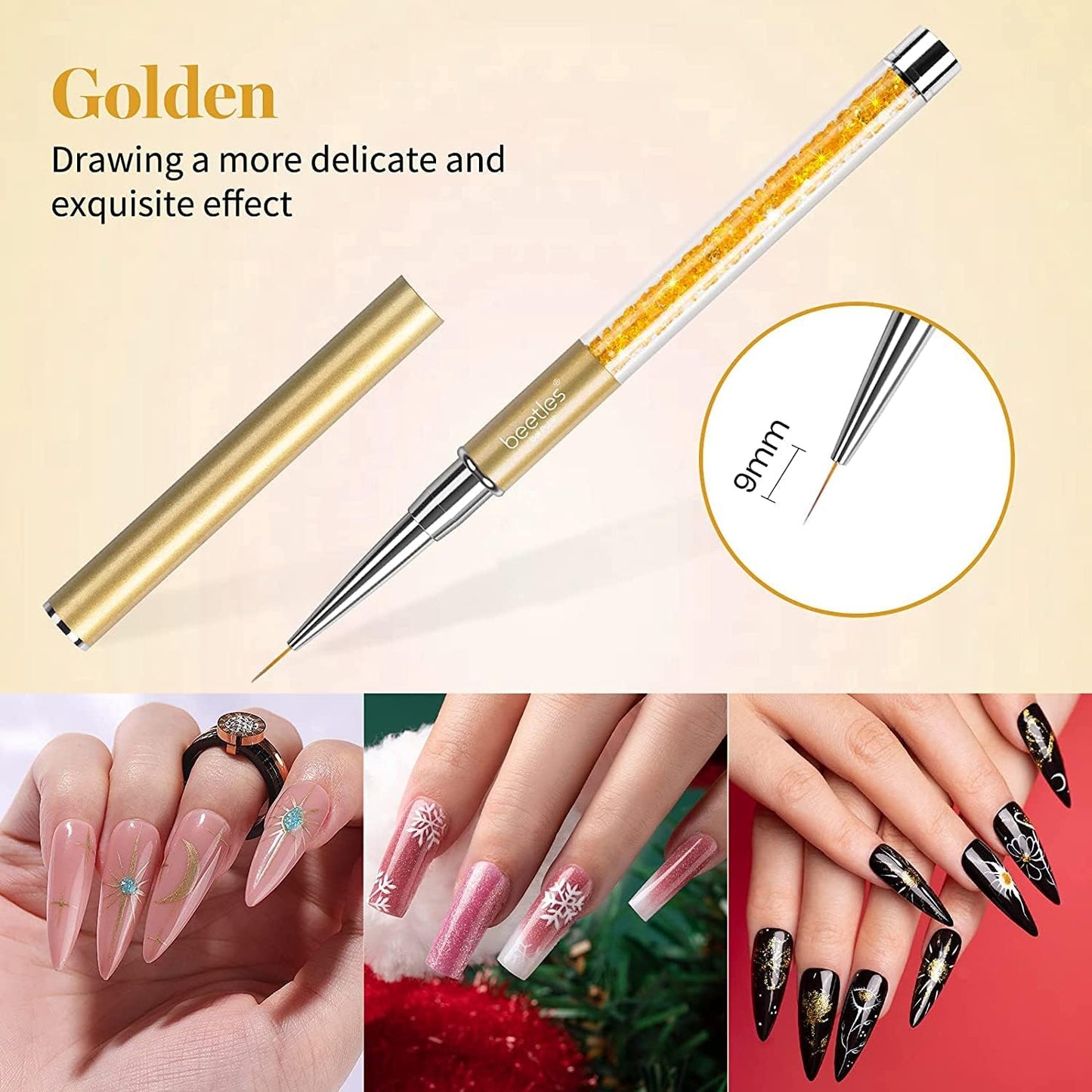 Beetles Nail Art Liner Brushes, Nail Gel Polish Painting Nail Art Design Brush Pen Set Diamond application Rhinestone Handle, Nail Dotting Painting Drawing Pen Sizes 5/7/9/11/20mm, 5Pcs Liner Brushes 5pcs