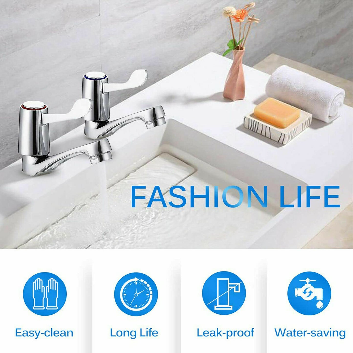 Basin taps Pair of Bathroom taps Basin Pair, Quarter Turn Basin taps Pair, Chrome Brass Pillar Hot and Cold Water Basin taps, ¼ Turn Lever Sink taps for Bathroom Kitchen, Sink tap Double Basin taps