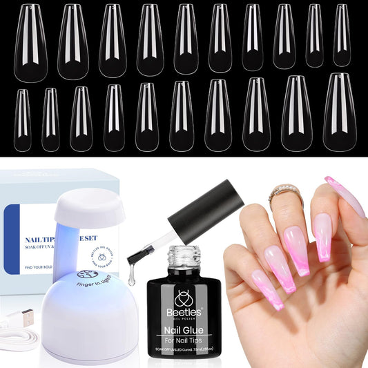 Beetles Nail Tips and Glue Gel Kit, 2 In 1 Nail Glue and Base Gel with 500Pcs Coffin Nails and LED Lamp DIY Nail Art Acrylic Nail Kit Easy Nail Extension Set Gifts for Women Mothers Day 502 Count (Pack of 1)