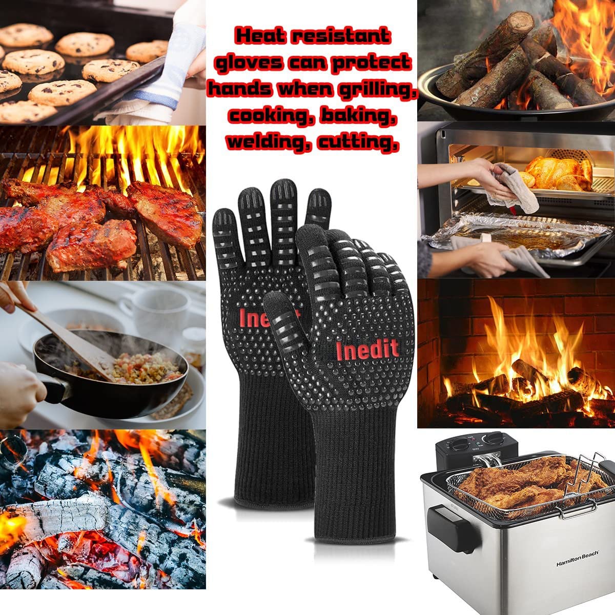 BBQ Gloves Extreme Heat Resistant - Heat Proof Gloves - Oven Gloves - Extreme Heat And Fire Resistant (Up to 800°C / 1472°F) - BBQ/Fireplace/Stove/Grill/Hot Pot/Welding Gloves