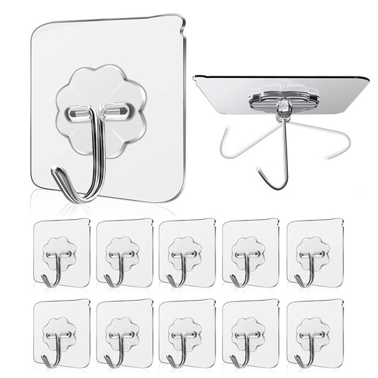 Wall Hooks 15Kg(Max) Transparent Seamless Hooks for Hanging,Waterproof Oilproof Bathroom Kitchen Heavy Duty Adhesive Hooks,Coat Hooks, Utility Towel Bath Ceiling Hooks (10Pack) 10