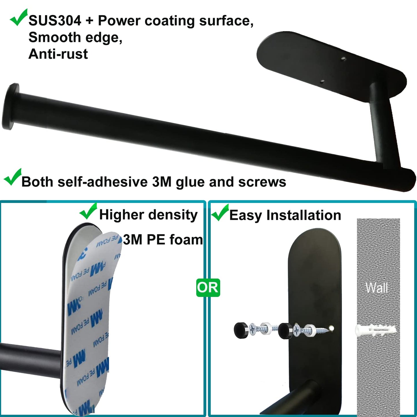 Upgraded Soothbay Paper Towel Holder Under Cabinet, Kitchen Roll, Wall Mounted Paper Towel Rack, SUS304 Matte black, Self-Adhesive and Drilling Large Paper Towel Roll Holder for Bathroom, Kitchen Black-large