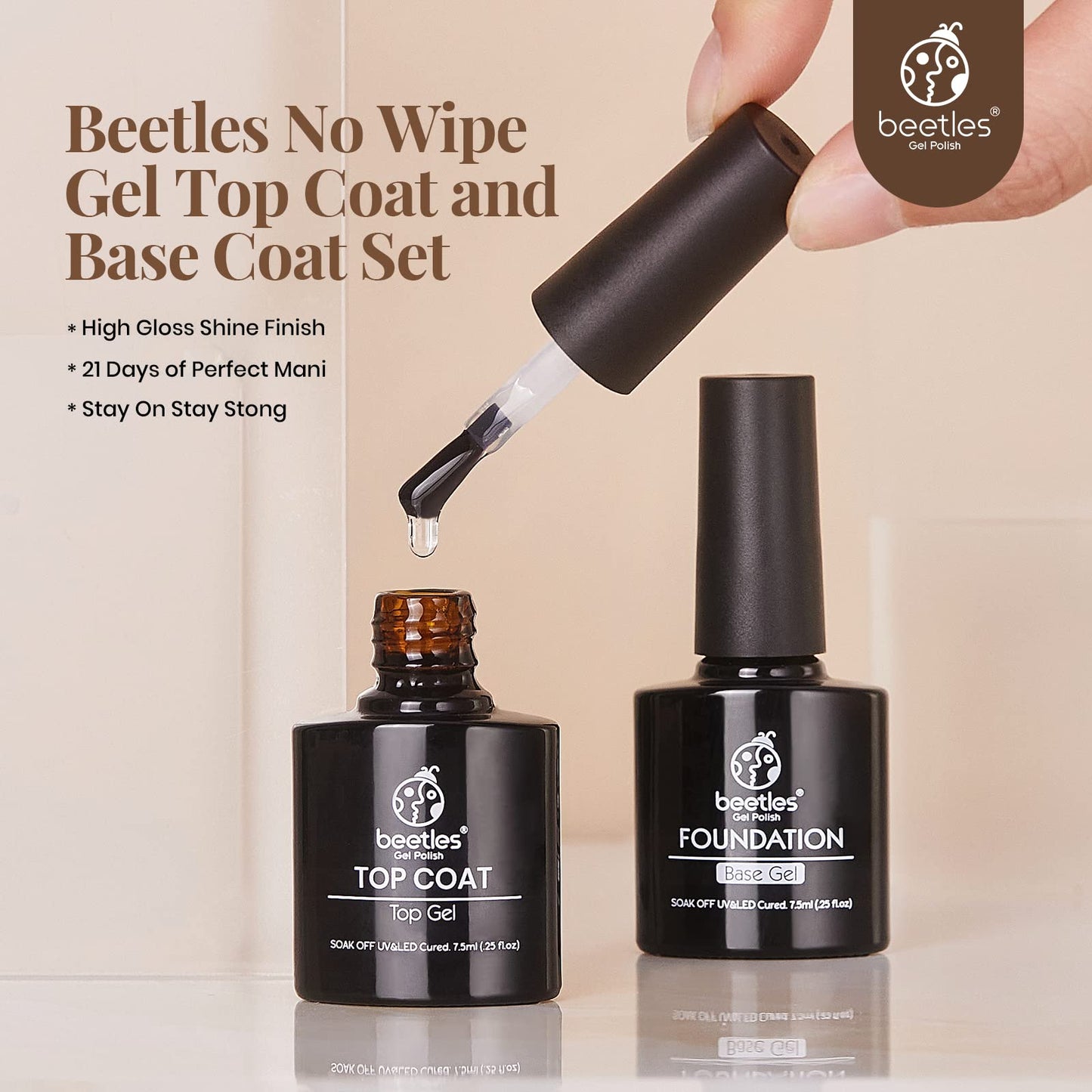 beetles Gel Polish No Wipe Gel Top Coat and Base Coat Set 2pcs 7.5ml Clear Gel Base Top Gel Glossy Shine Finish Long Lasting Gel Polish Soak Off LED Lamp Base and Top Coat Gel Nail Lamp TB Set