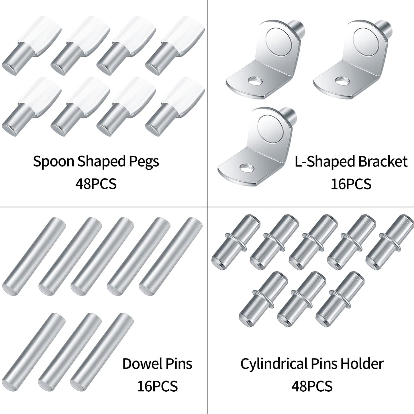 128PCS 4 Styles Shelf Bracket Pegs Kit, Nickel Plated Furniture Shelf Pins 5mm 6mm Metal Shelf Support Pegs for Furniture Cupboard Closet Bookcase