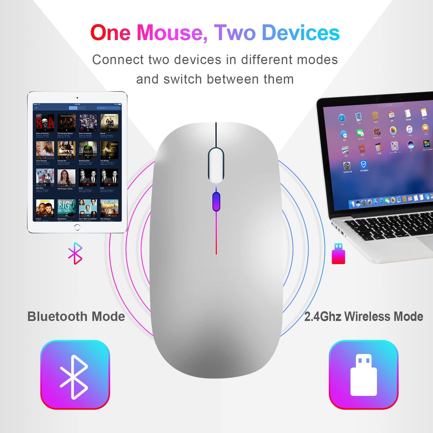 Wireless Mouse for Laptop, Rechargeale Bluetooth Mouse for Macbook Pro/Air/Mac/iPad/Chromebook/Computer -LED Dual Mode(USB 2.4Ghz + Bluetooth 5.1) Silent Mouse with USB C Adapter (Silver) Silver