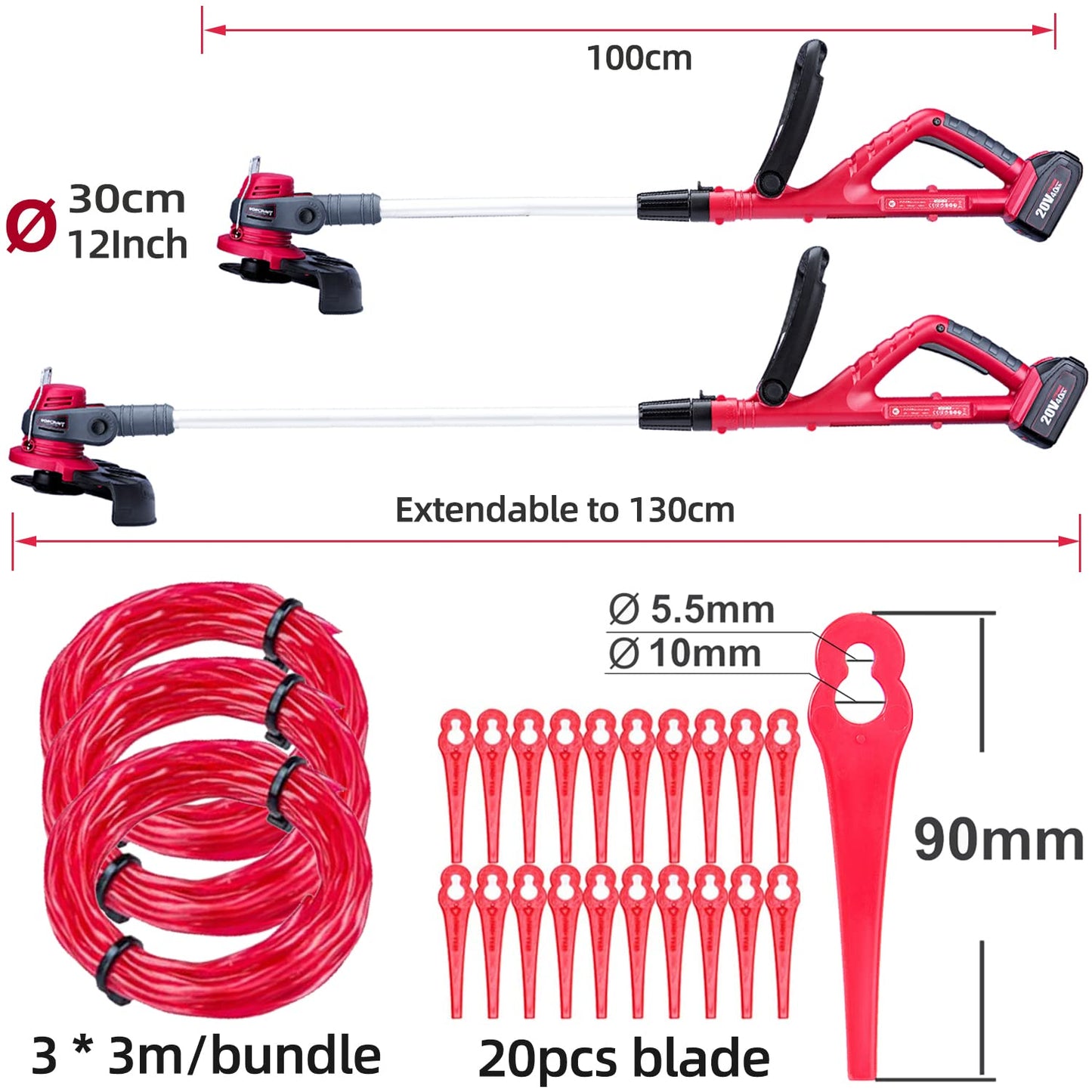 WORCRAFT 20V Cordless 2-in-1 Grass Trimmer & Edger with 2 x 2.0Ah Batteries & Charger | Dual Blades & Spool Line Cutting | Adjustable Head & Handle for Precision Trimming Double Batteries