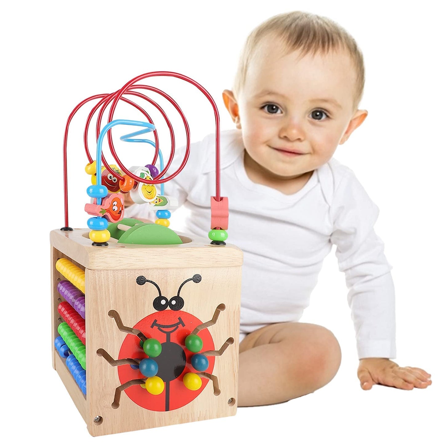 Wooden Activity Cube 7 in 1 Wooden Shape Sorter Activity Centre Multifunctional Educational Bead Maze Clock Rollercoaster Abacus Puzzle Animal Alphabet Number Toy for Child Kids Boys Girls