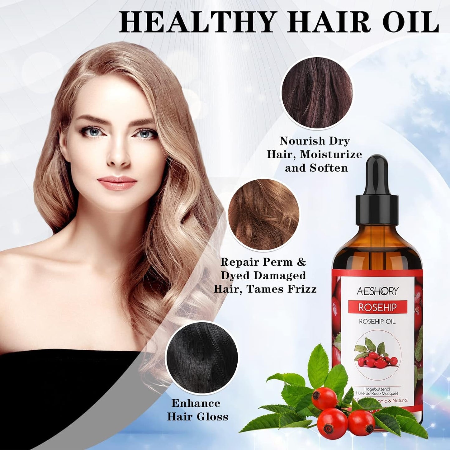 Aeshory Cold Pressed Rosehip Oil for Face 100ml, 100% Pure Natural Rosehip Seed Oil, Hydrating Nourishing & Moisturising for Skin, Hair, Nails, and Body