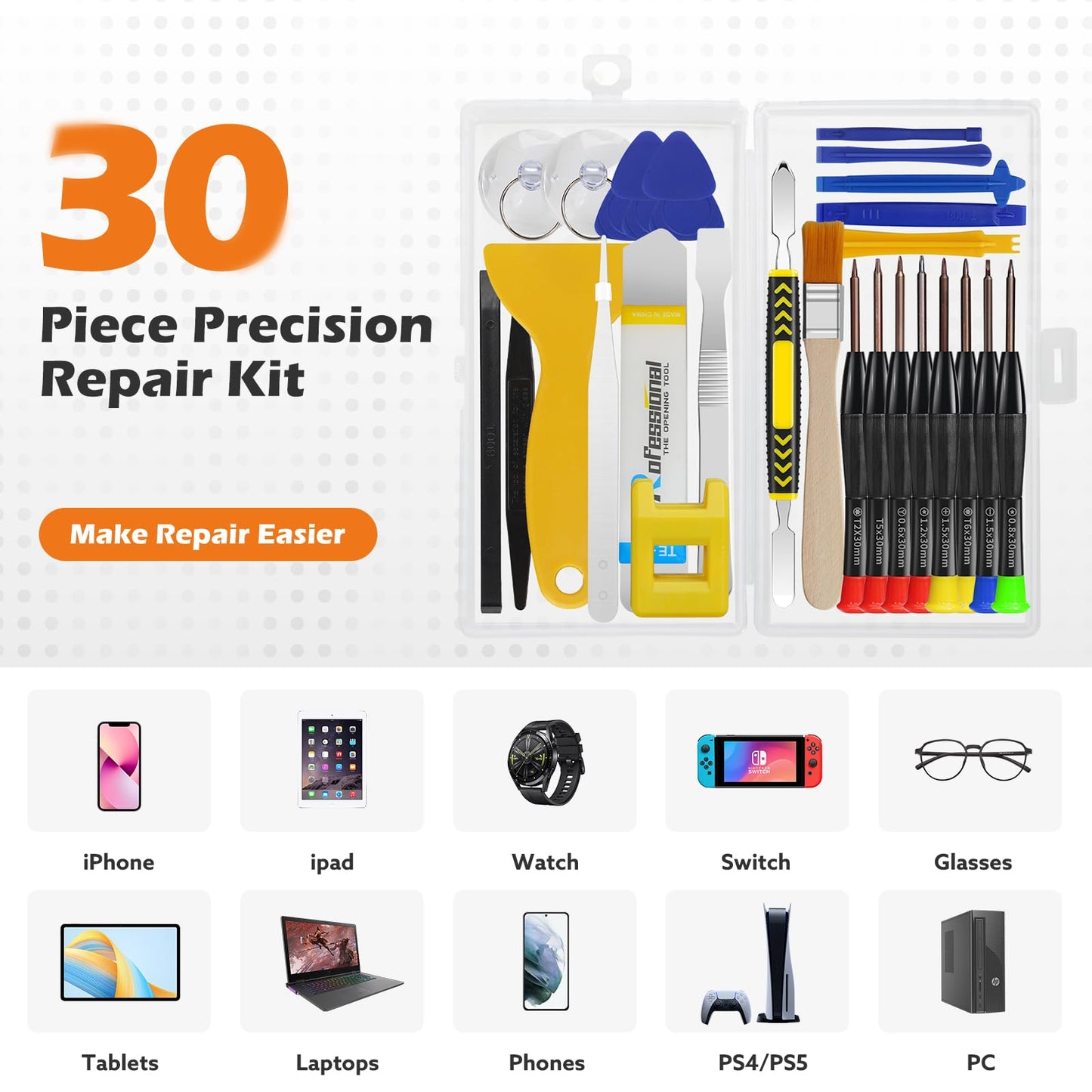 30pcs Phone Repair Tool Kit, RealPlus Removal Cleaning Repair Kit with Magnetic Screwdrivers Set and Opening Pry Tools, Suitable for Laptop, Tablet, Phone, MacBook, PC, iPad, Nintendo Switch Joycon 30 PCS