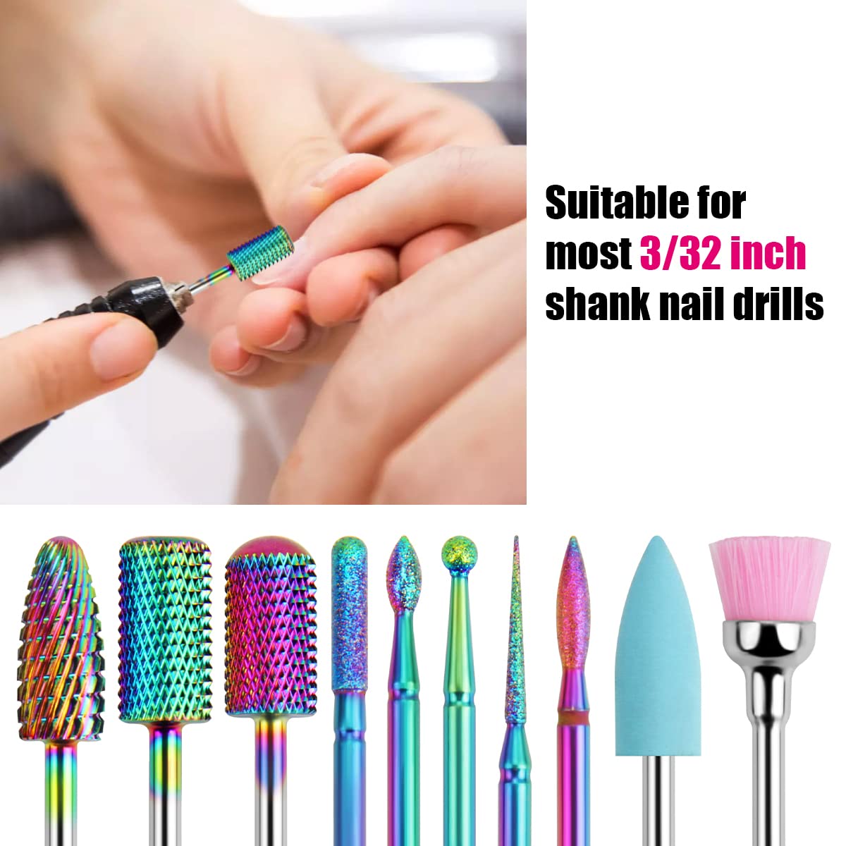 BELICOO Nail Drill Bits Sets, 10pcs Professional Electric Nail Files Drill 3/32 Inches Tungsten Steel Diamanten Cuticle Nail Drill Tool Home Nail Salon - Rainbow) Rainbow-professional