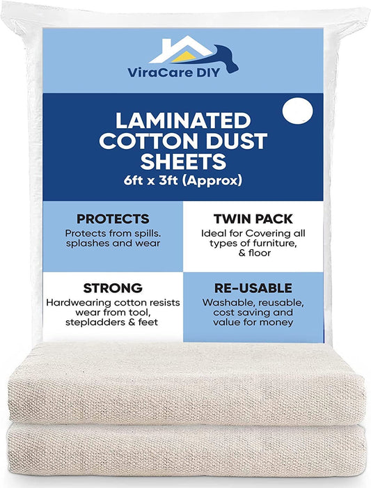 2 x Laminated Cotton Dust Sheets for Painting & Decorating 6'x3' (1.8mx0.9m) | Paint Sheets | Drop Cloth | Painting & Paint Cover Sheets | Dust Sheets for Furniture | Reusable (2) 2