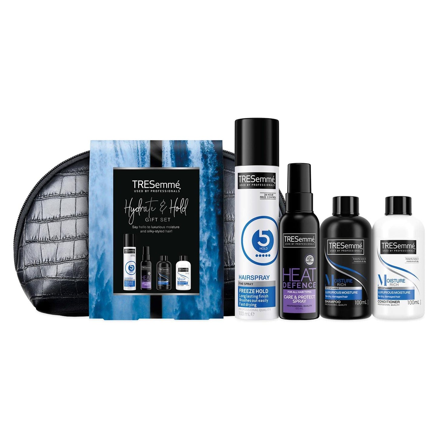 TRESemmé Perfect Hair On-The-Go including Freeze Hold Hairspray with a small faux croc black wash bag Festive Gift Set for Women 4 piece