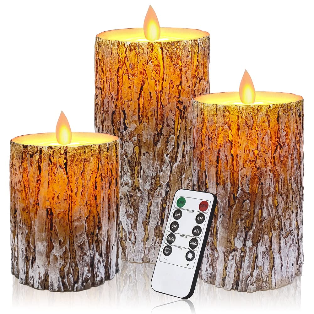 Aongray LED Candles with Pine Bark Effect Flickering Battery Operated Candles 4" 5" 6" Set of 3, Real Wax Candles Decorating Pillars,10-Key Remote Control with 24 Hour Timer Function