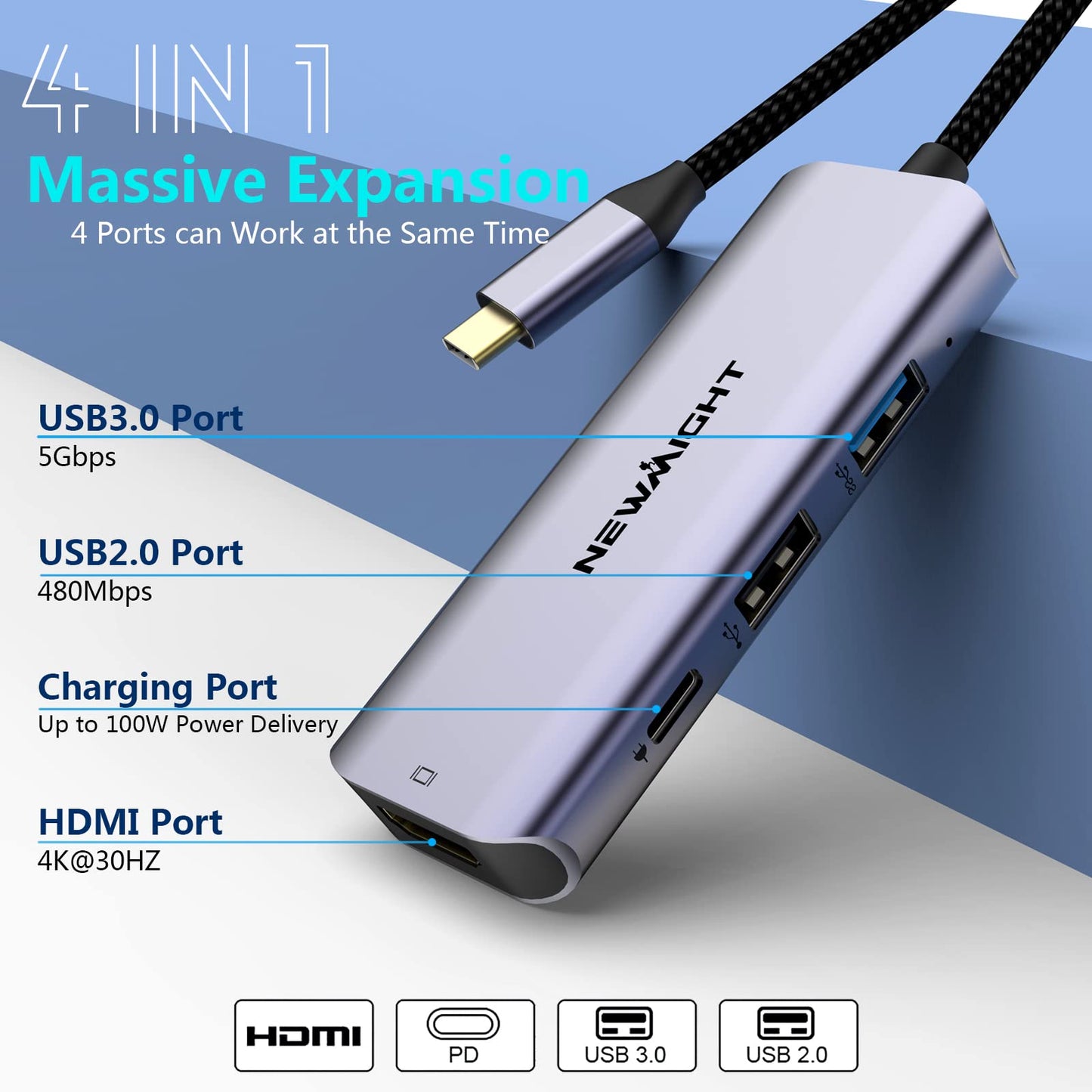 USB C to HDMI Adapter USB C Hub- Newmight 4 in 1 USB C adapter with with 100W Power Delivery HDMI 4K USB3.0 Fast Data Transfer for Macbook Air/iPad Pro and Other Type C Devices