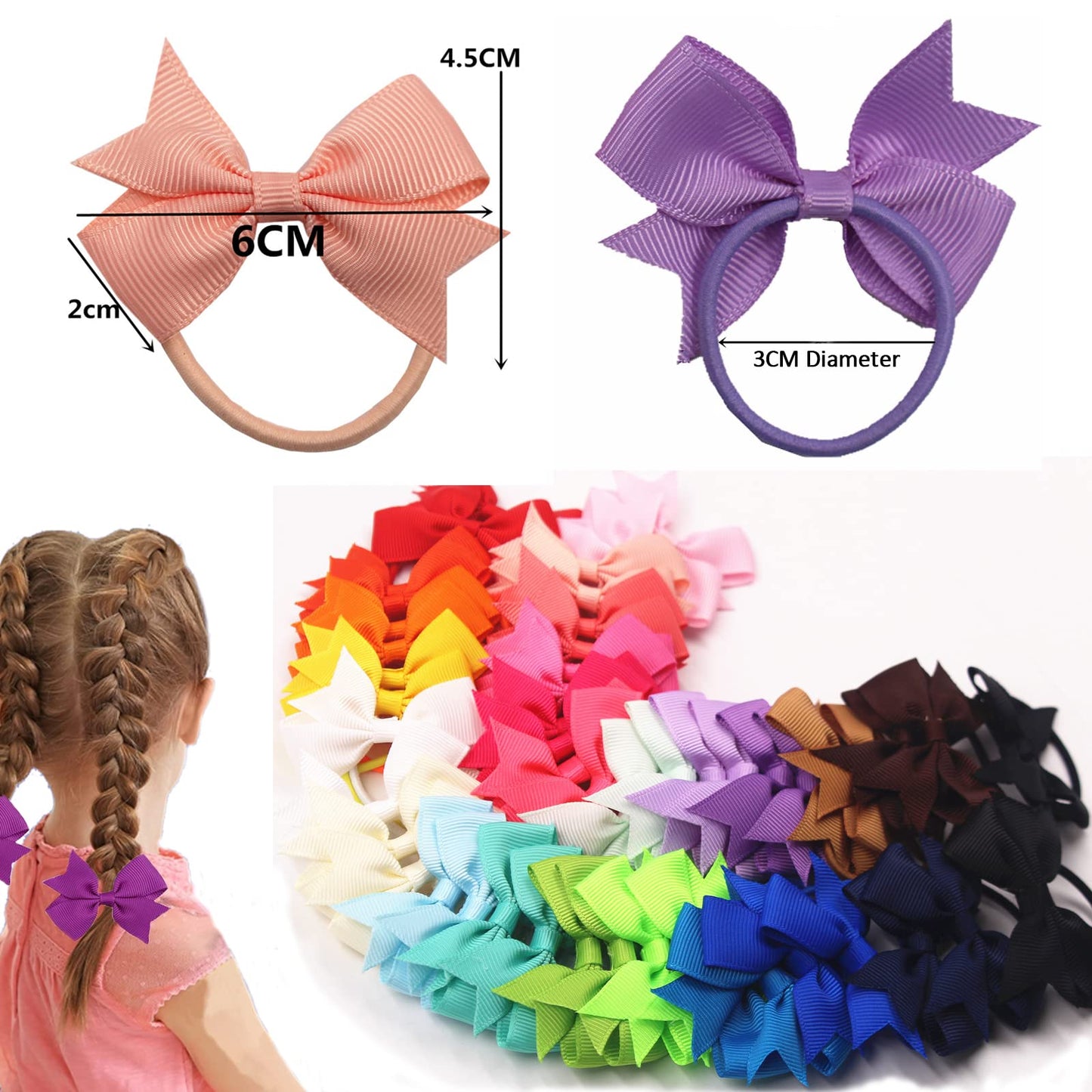 50Pcs Kids Bow Hair Bands, 2.36 Inch Kids Hair Bows Baby Hair Ties for Girls and 100pcs Small Elastic Hair Bands, Ponytail Bow Hair Bow Bobbles for Girls Toddler Kids