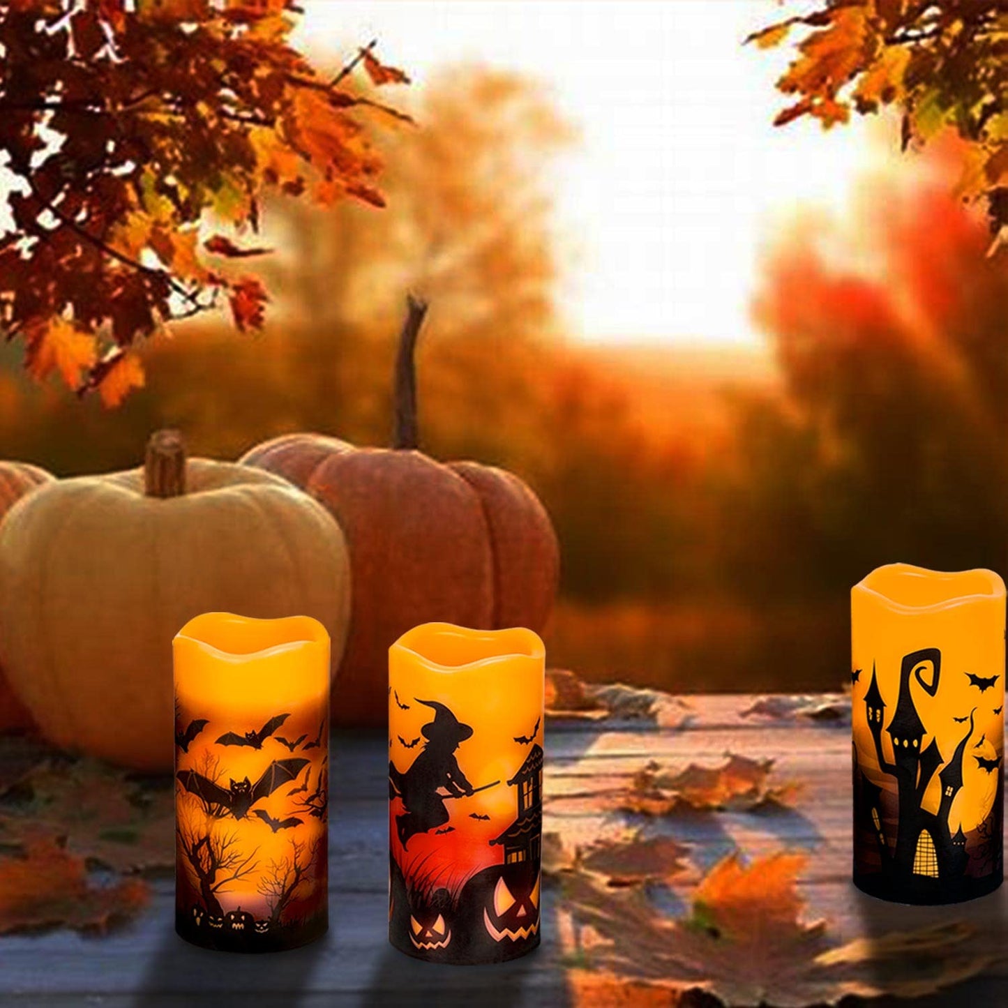 3 PCS Battery Operated Flameless Flickering Candles with 6 Hour Timer, Real Wax Electric LED Halloween Fake Pillar Candles with Castle, Witch, Bats for Indoor Kids Halloween Thanksgiving Decor Multicolour