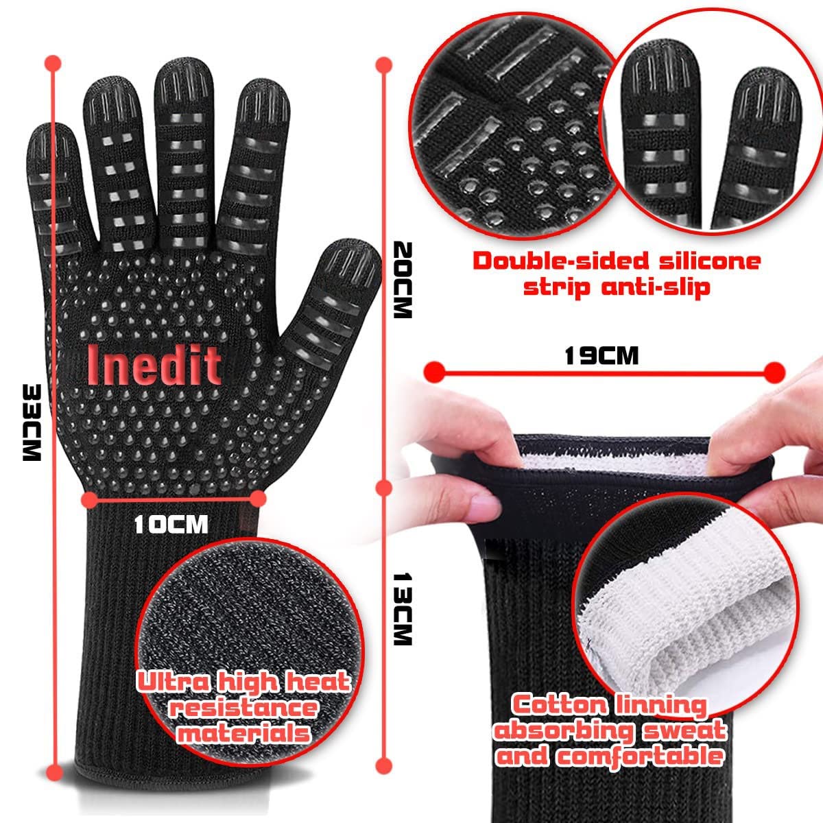 BBQ Gloves Extreme Heat Resistant - Heat Proof Gloves - Oven Gloves - Extreme Heat And Fire Resistant (Up to 800°C / 1472°F) - BBQ/Fireplace/Stove/Grill/Hot Pot/Welding Gloves